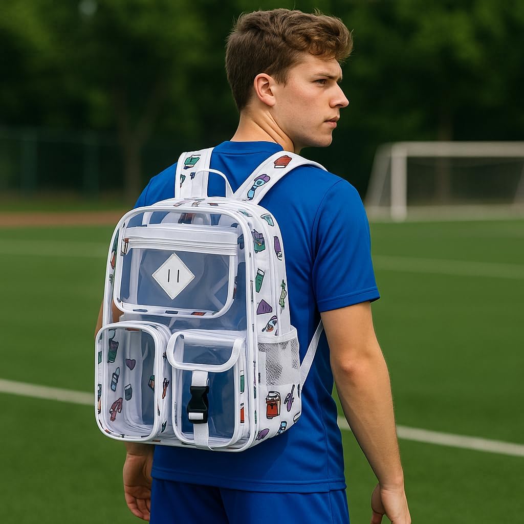 Skiennix Clear Backpack - Heavy Duty PVC for Stadium, Travel & Work | Dual Zippered Compartments & Mesh Side Pockets (White)