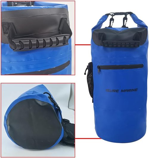 ISURE MARINE Waterproof Dry Bag - 20L with Zippered Pocket for Kayaking, Boating & Fishing | Blue