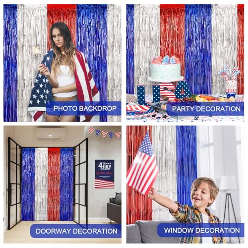 LOLStar 3 Pack 4th of July Red White Blue Foil Fringe Curtains - Patriotic Party Decorations