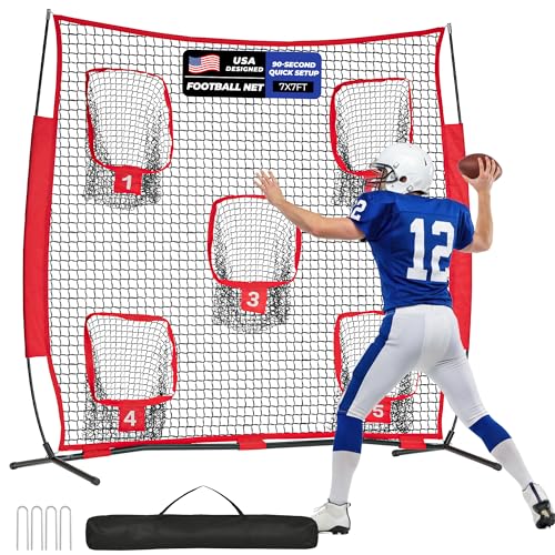 7x7ft Football Throwing Net for QB Training - Red, Portable & Stable