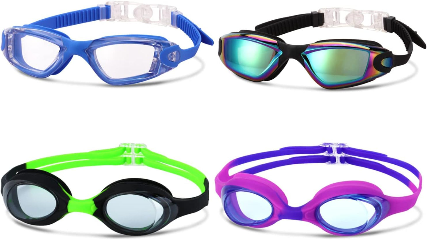 Skiennix Kids Swim Goggles - UV Protection & Anti-Fog Design | 4 Pack for Ages 6-14