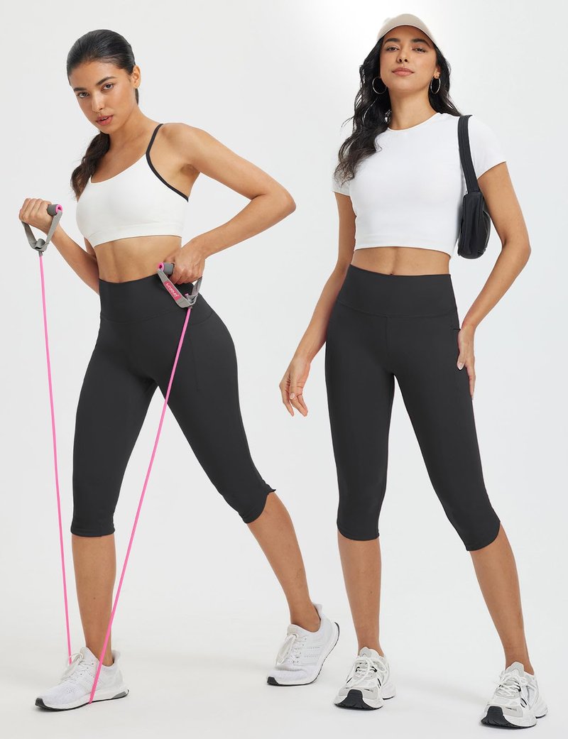 baleaf Womens High Waisted Capri Leggings with Pockets Tummy Control Yoga Gym Pants Black L