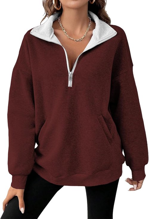 MARSVOVO Women's V-Neck Zip-Up Sweatshirt - Comfortable Loose Fit Plus Size with Pockets | Fall Essential