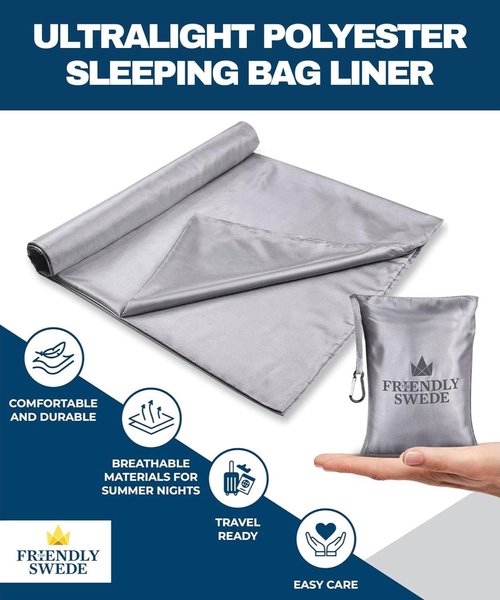 Friendly Swede Sleeping Bag Liner - Ultralight Polyester & Microfiber Adult Sleep Sack | Compact Travel Sheets