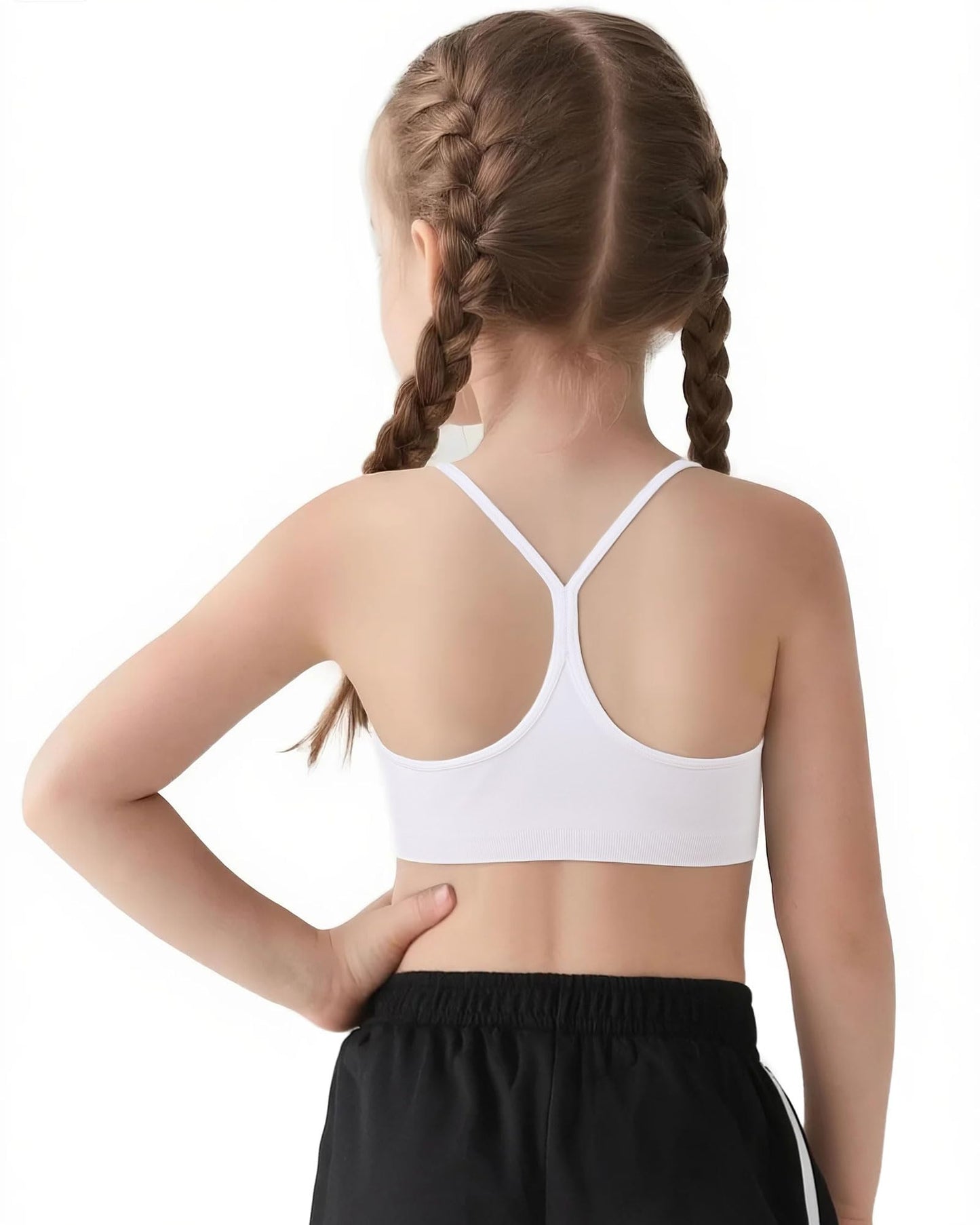 Seamless White Sports Bra for Girls Teens Spaghetti Strap Y-Back Training Bra Comfort Crop Top with Removable Padding
