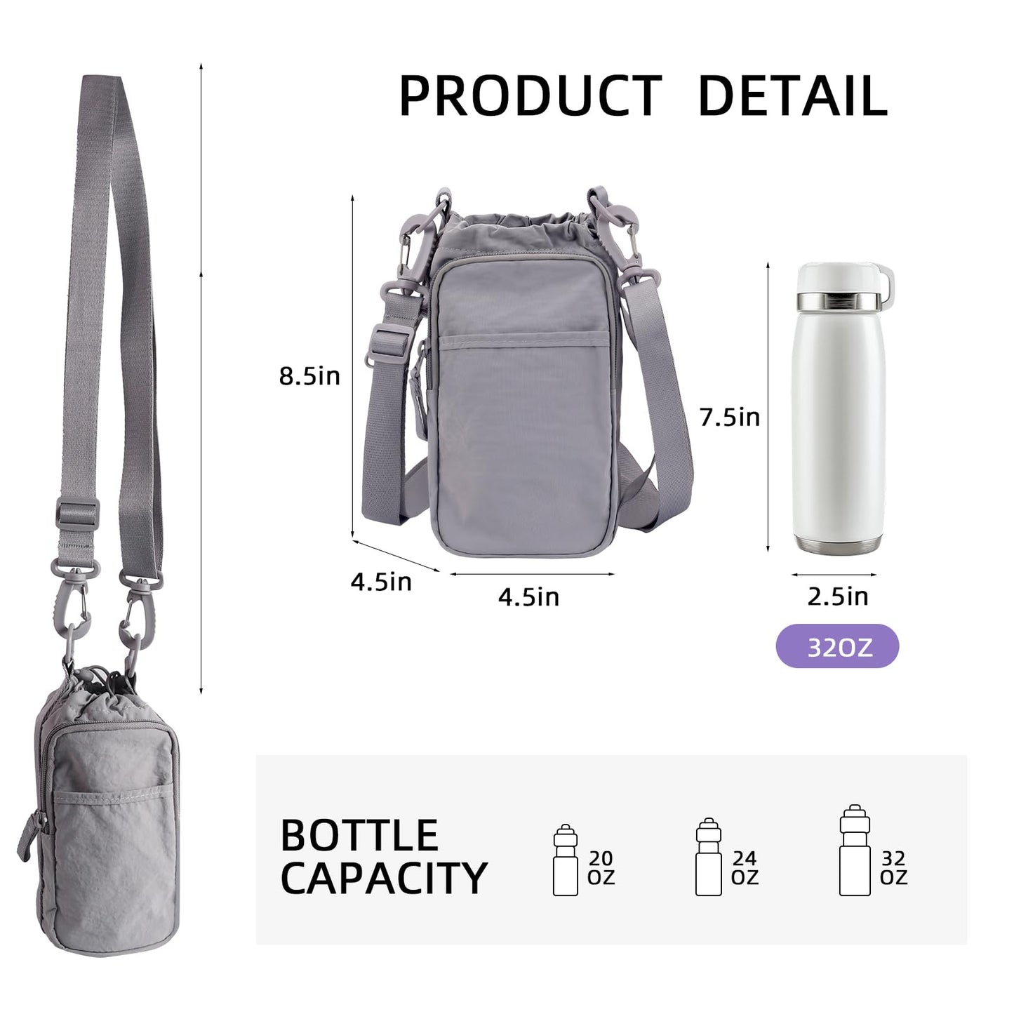 Zkptops Water Bottle Holder with Strap Water Bottle Bag with Handle Large Phone Pocket 32Oz Cross Body Bag Carrier Sling Bags Sports Accessories for Men Women Walking Hiking Travelling Camping