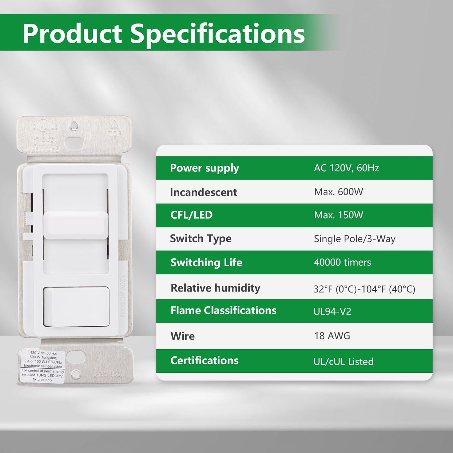 Wengart Dimmer Switch BAK-008,120VAC 150W Dimmable LED/CFL Lights,Halogen and Incandescent Bulbs 600W Max,UL Listed,White
