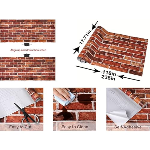 Red Faux Brick Wallpaper Peel and Stick Wallpaper 3D Brick Contact Paper 17.71in ¡¿ 118in Self Adhesive Wall Paper for Fireplace Bedroom Living Room Decoration