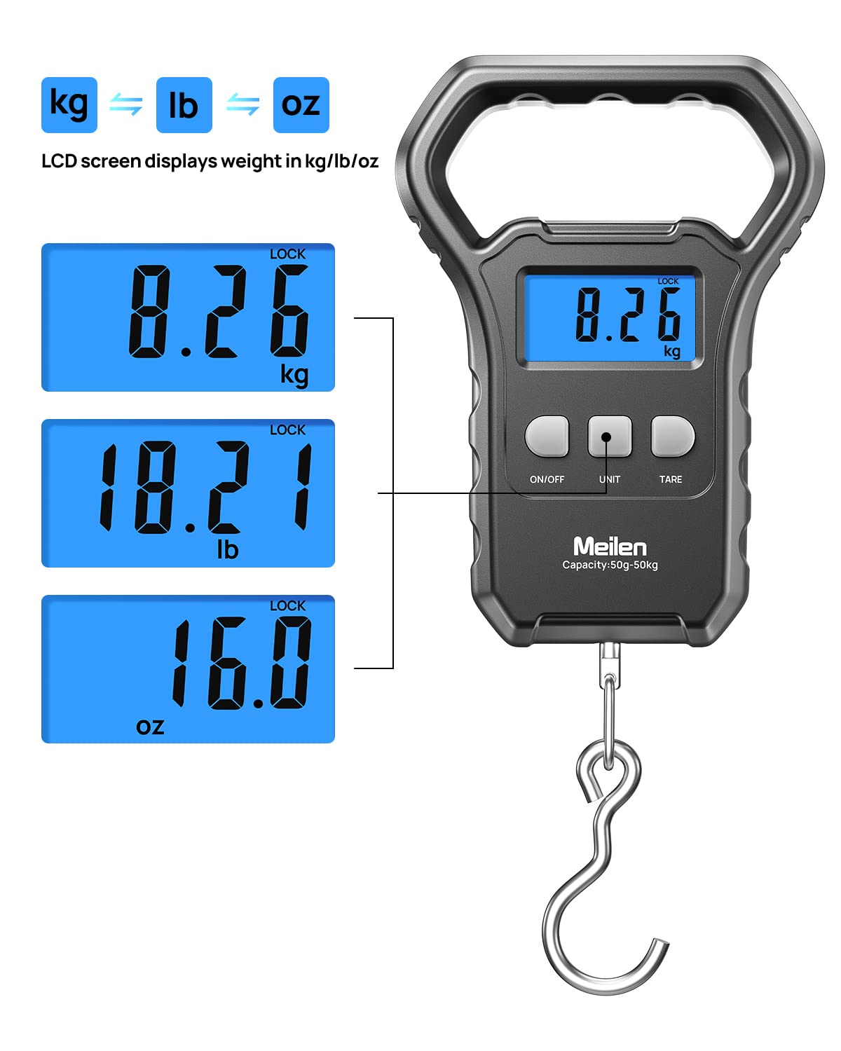 Meilen Fishing Scale - 110lb/50kg Digital Luggage Weigh Scale with Backlit LCD Display | Ideal for Travel