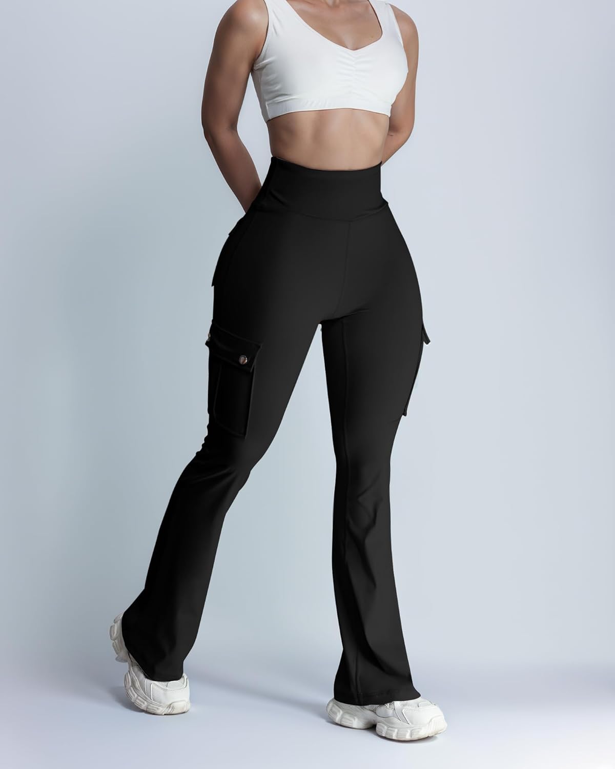 Wavar Women’s Flare Leggings - High Waisted Butt Lifting Cargo Pants with Pockets | Tummy Control