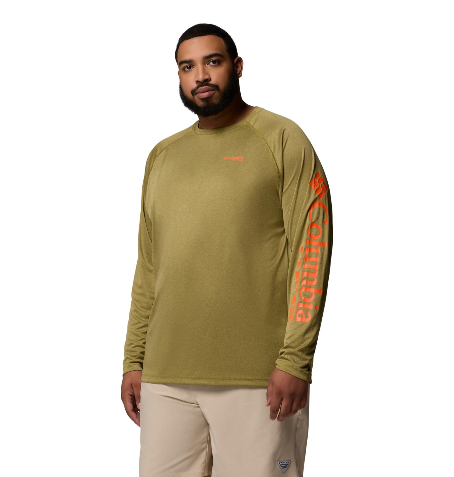 Columbia Men's PFG Terminal Tackle Long Sleeve Fishing Shirt, Grove Green Heather/Spark Orange Logo, 4X Tall