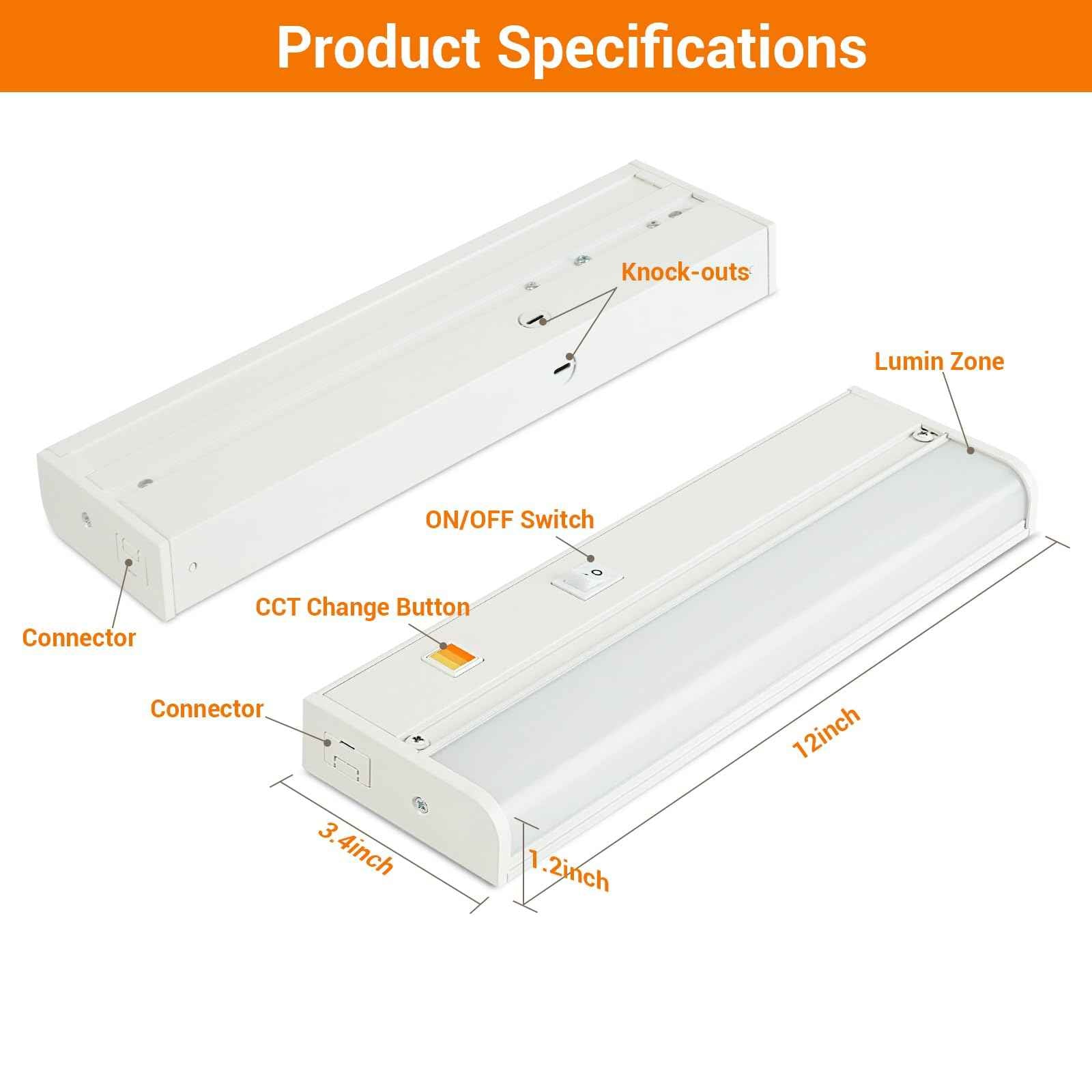 Dawnrise 24" Hardwired Under Cabinet Light (2 Pack), Linkable,1270 Lumens, 3 Color Selectable, Brightness Adjustable, Under Counter Lights for Kitchen, Wide Luminous Surface, White Finish, Metal Base