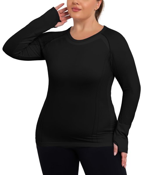 COOTRY Plus Size Seamless Workout Shirts for Women Long Sleeve Yoga Tops Sports Running Athletic Top Slim Fit Black 2XL
