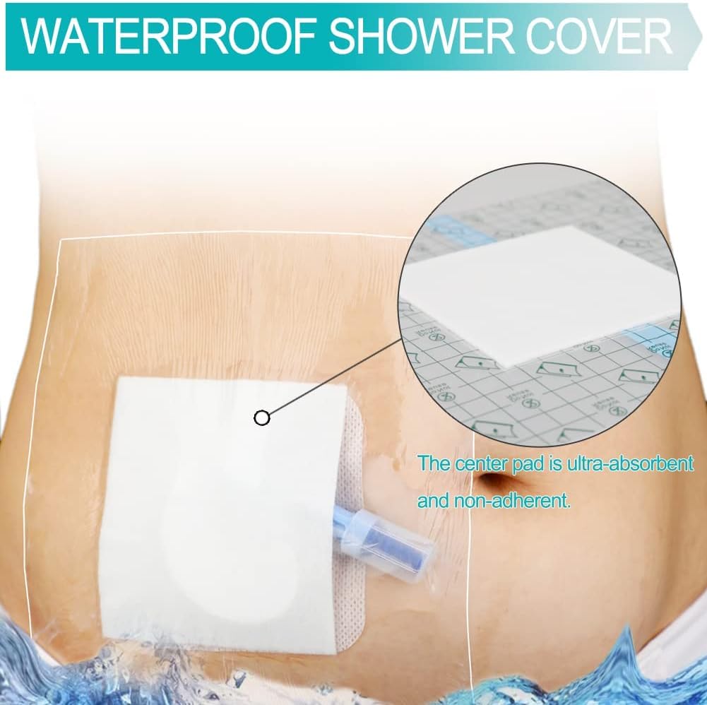 12"x15.7" Waterproof Dialysis Port Shower Covers Protector for Chest with No Glue On The Center, PICC Line Chest Port Shield Island Bandage Dressing Accessories, Pack of 7