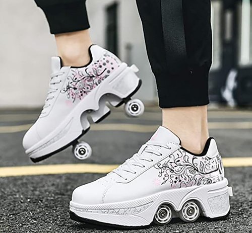Roller Skate Shoes for Women, Double-Row Deform Quad Roller Skates, Automatic Walking Shoes Detachable Roller Skate, Shoes with Wheels for Girls Boys, Skating Shoes Unisex (White Flower, US 8)
