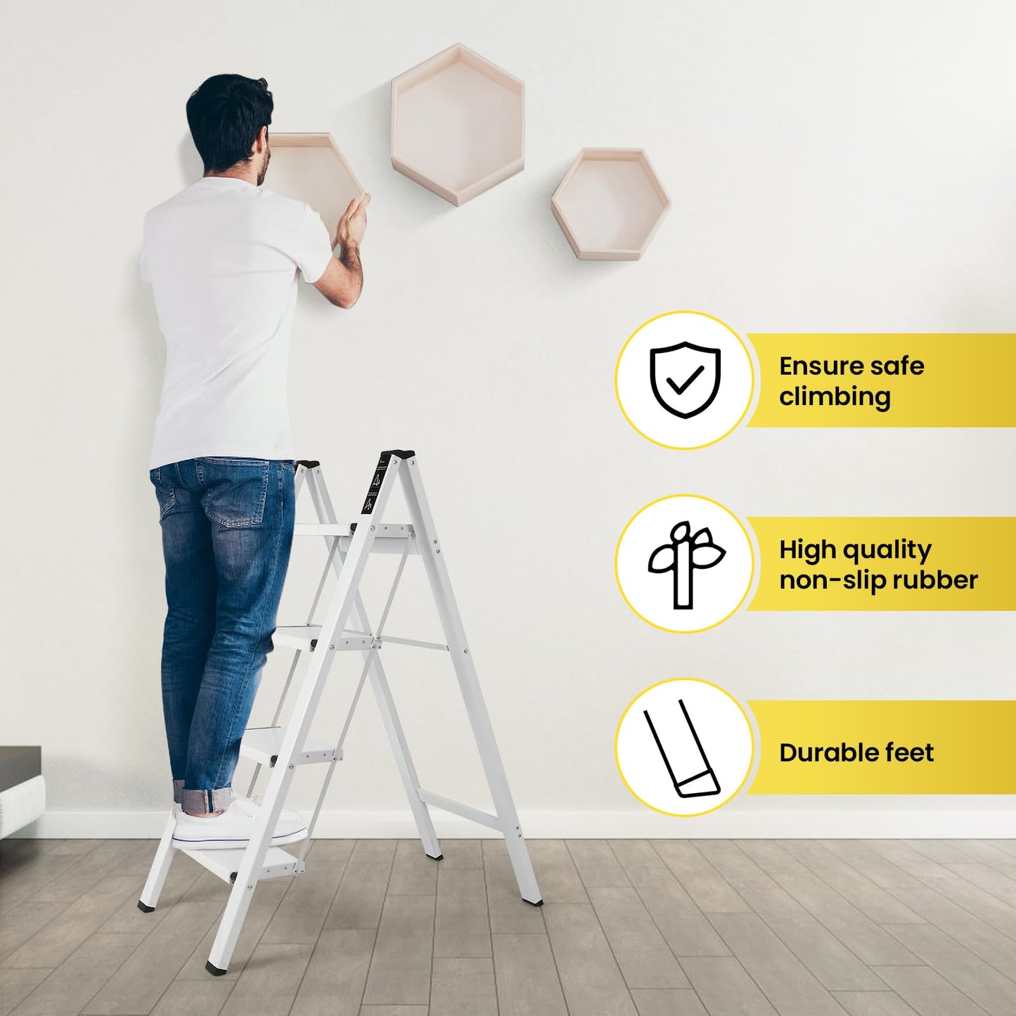 FAHKNS 4 Step Ladder, Aluminum Folding Step Stool with Anti-Slip Sturdy and Wide Pedal, Portable Space Saving Closet Step Stool for Home and Kitchen, Step Stools for Adults, White, 330Lbs