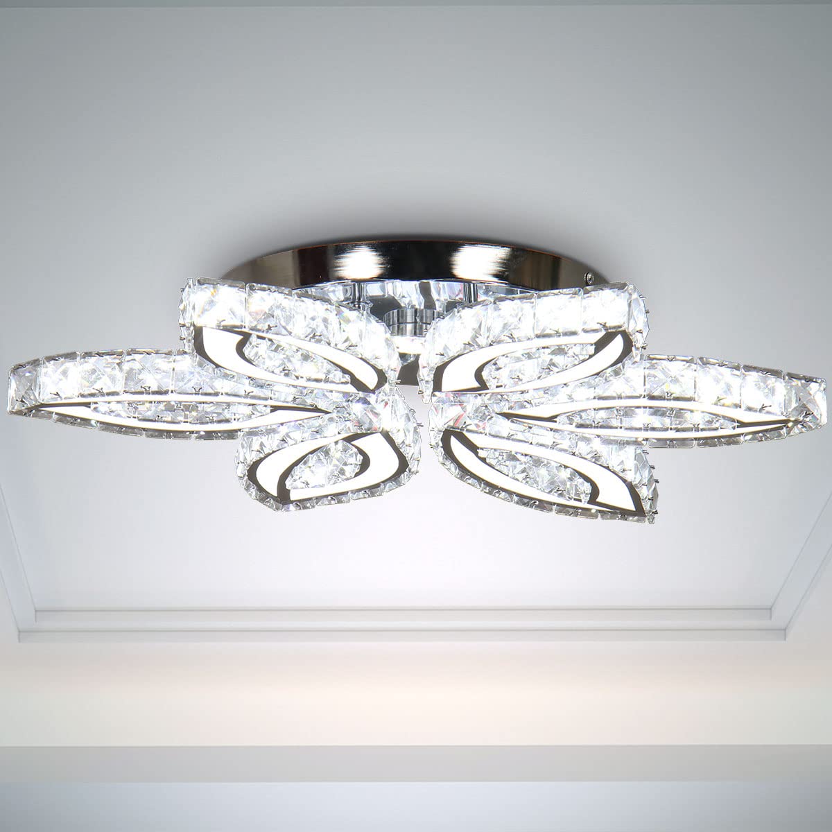 CLAIRDAI 20" Modern Crystal Chandelier, Flower Led Chandelier with K9 Crystal Acrylic, Cool White 6500K, 20" x 20" x 3.1" for Living Room