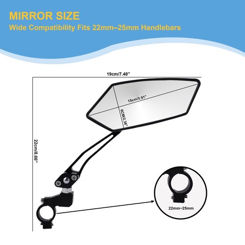 RidingRush Bike Mirror Handlebar Mount – Adjustable Rear View Mirror for Mountain Bikes, E-Bikes, Scooters, Clear View, Easy Installation, Ideal for Adult Bikes, Fits 22 mm- 25 mm Handlebars Black A