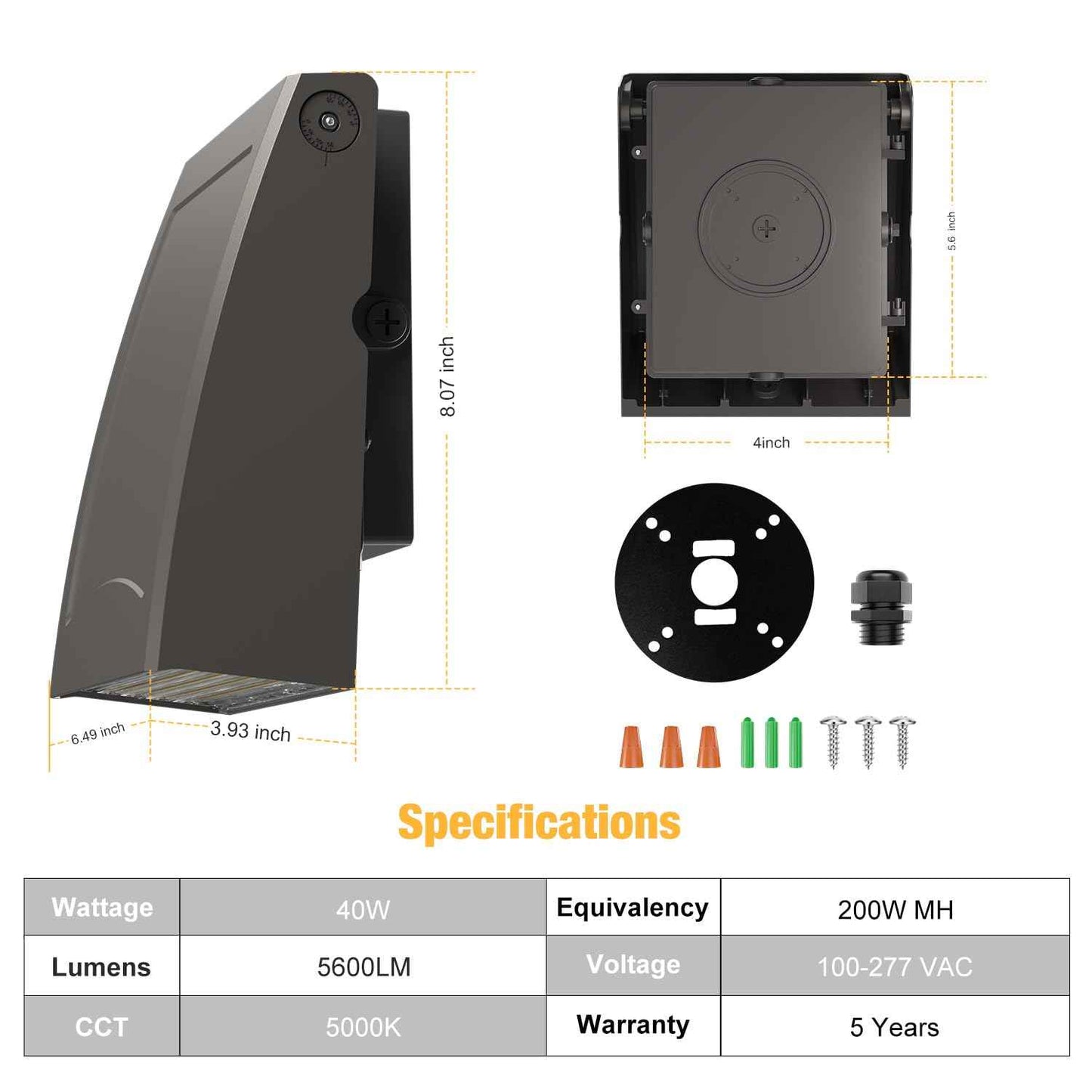 40W LED Wall Pack Light with Dusk to Dawn Photocell, 5600LM, 5000K Daylight, 100-277Vac 90° Adjustable Full Cut-Off Wall Pack, Waterproof Outdoor Security Lighting for Barn Warehouse, UL Listed,2 Pack
