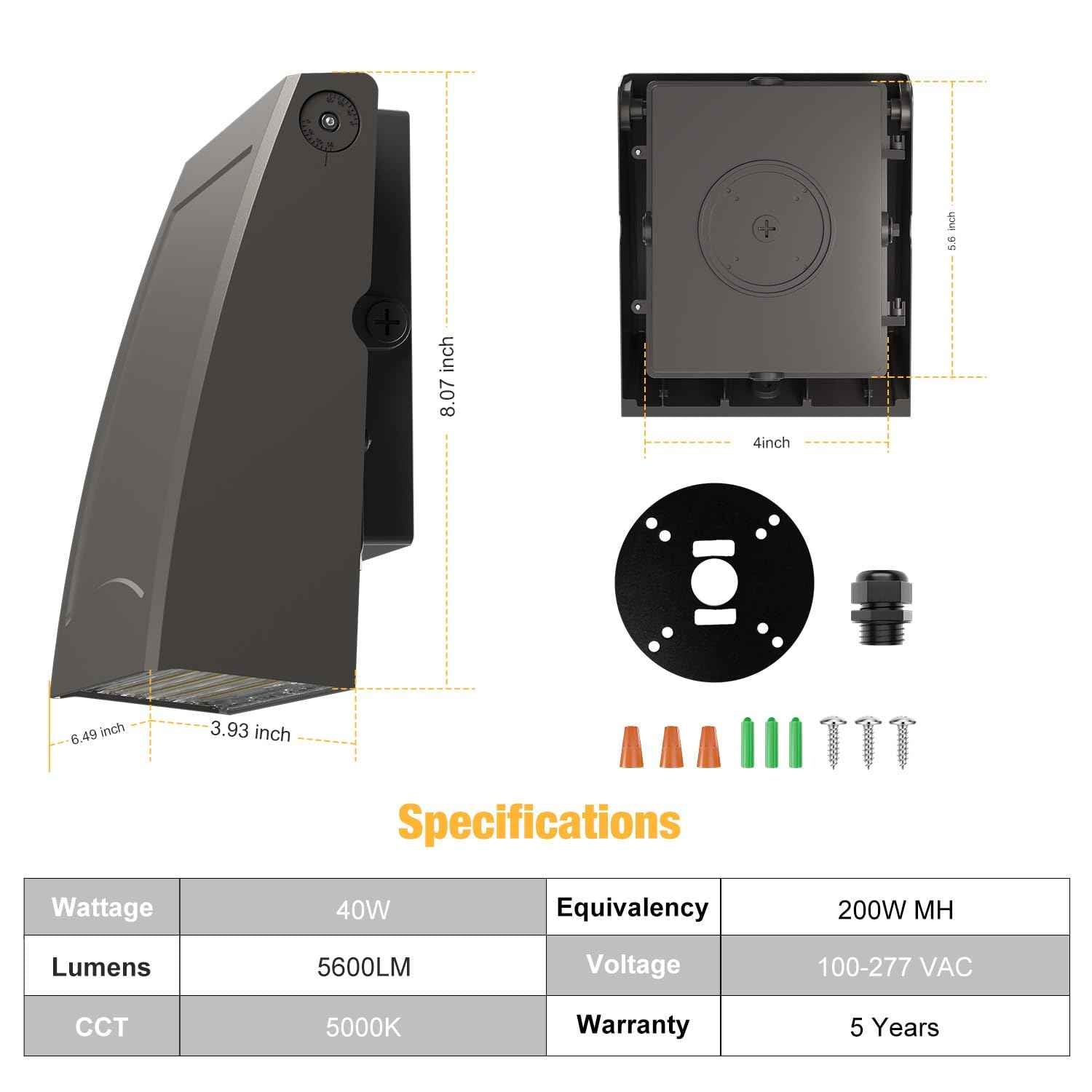 40W LED Wall Pack Light with Dusk to Dawn Photocell, 5600LM, 5000K Daylight, 100-277Vac 90° Adjustable Full Cut-Off Wall Pack, Waterproof Outdoor Security Lighting for Barn Warehouse, UL Listed,2 Pack