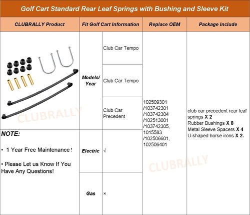 CLUBRALLY Golf Cart Standard Rear Leaf Springs with Bushing and Sleeve Kit (2 Set), Fit for 2004-UP Club Car Precedent & Tempo & Onward Electric Golf Carts, OEM#102509301/103742301