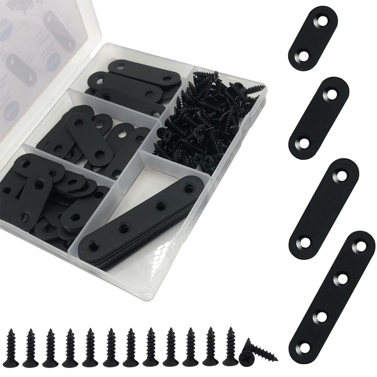 QSJ 40 Pack Black Corner Braces Flat Bracket Set 1.42/1.81/2.2/3inch Stainless Steel Metal Plate for Wood