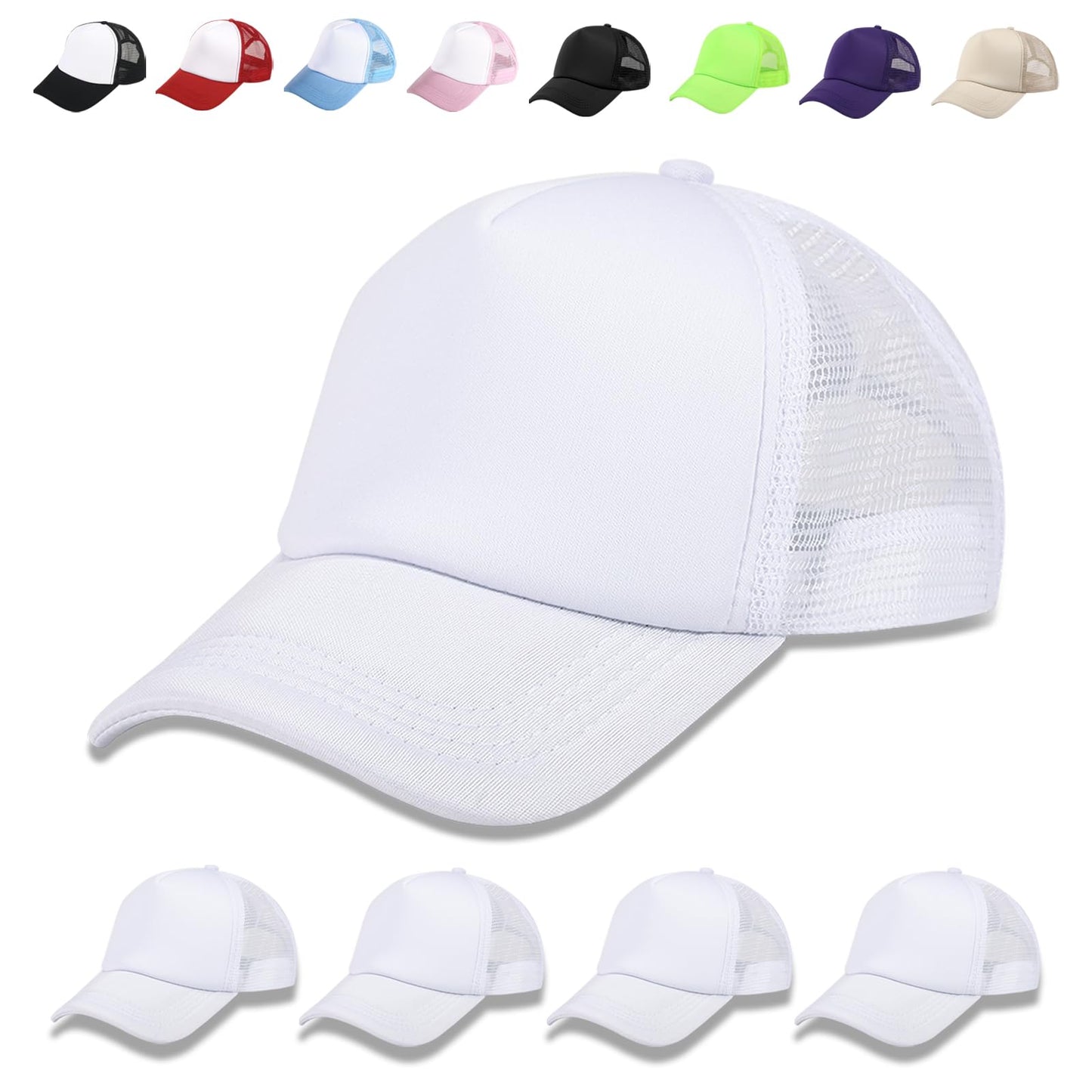 OKBA 5 Pack Sublimation Blank Baseball Cap Polyester Mesh Trucker Hat Adult (US, Alpha, Medium, 3X-Large, Standard, 5PCS*White ha)