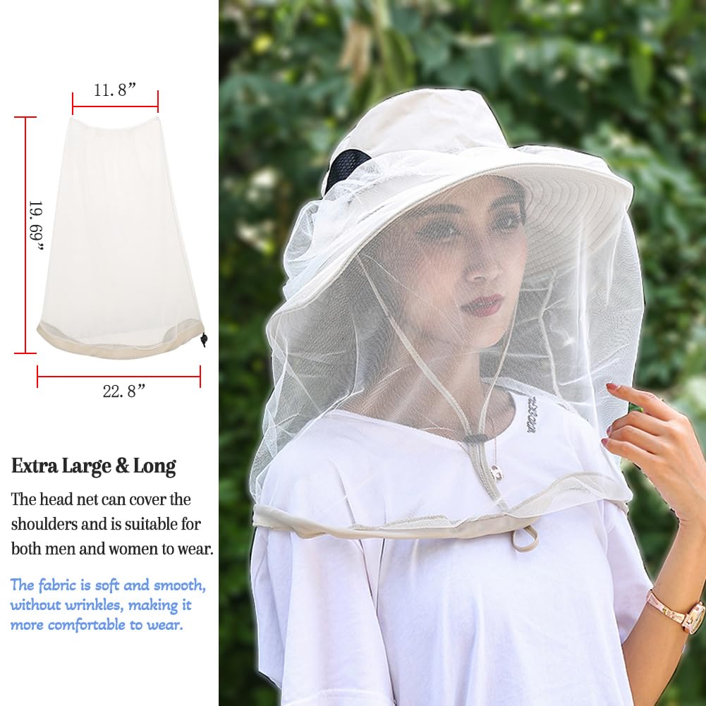 Sireck 2 Pack Premium Mosquito Head Net for Insect & Fly Protection, Extra-Fine Holes Bug Netting Face Neck Shield for Camping, Hiking, Fishing, Fits All Hats for Men & Women (Khaki)