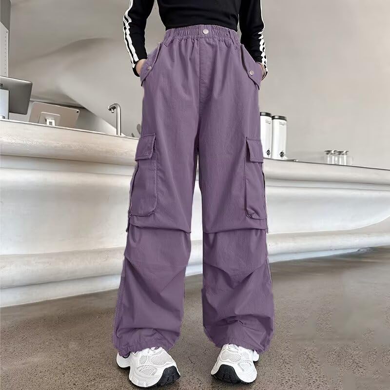 JiAmy Girls' Y2K Baggy Cargo Joggers - Elastic Waist, 7-14Y, Purple (7-8 Years)