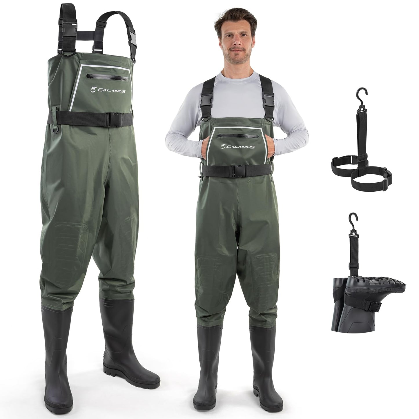 Calamus WaveWalker Fishing Waders for Men & Women, 100% Waterproof PVC Chest Waders with Slip-Resistant Boots, Tear-Resistant Nylon, Ample Storage, Wader Hanger, Military Green, 11