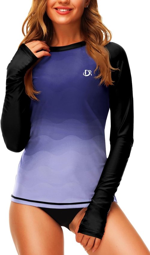 Deerose Women's Gradient Rash Guard - UPF 50+ Surfing Swim Shirt with Thumb Hole