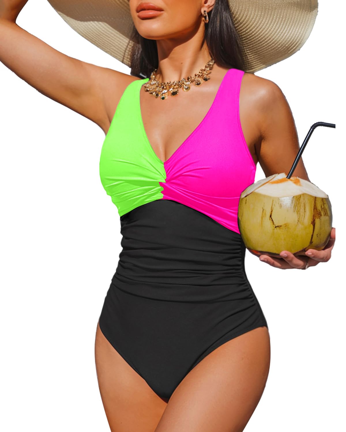 Holipick Green Pink Black Women Tummy Control One Piece Swimsuit - Push Up Bathing Suit Full Coverage Slimming Swimwear XL
