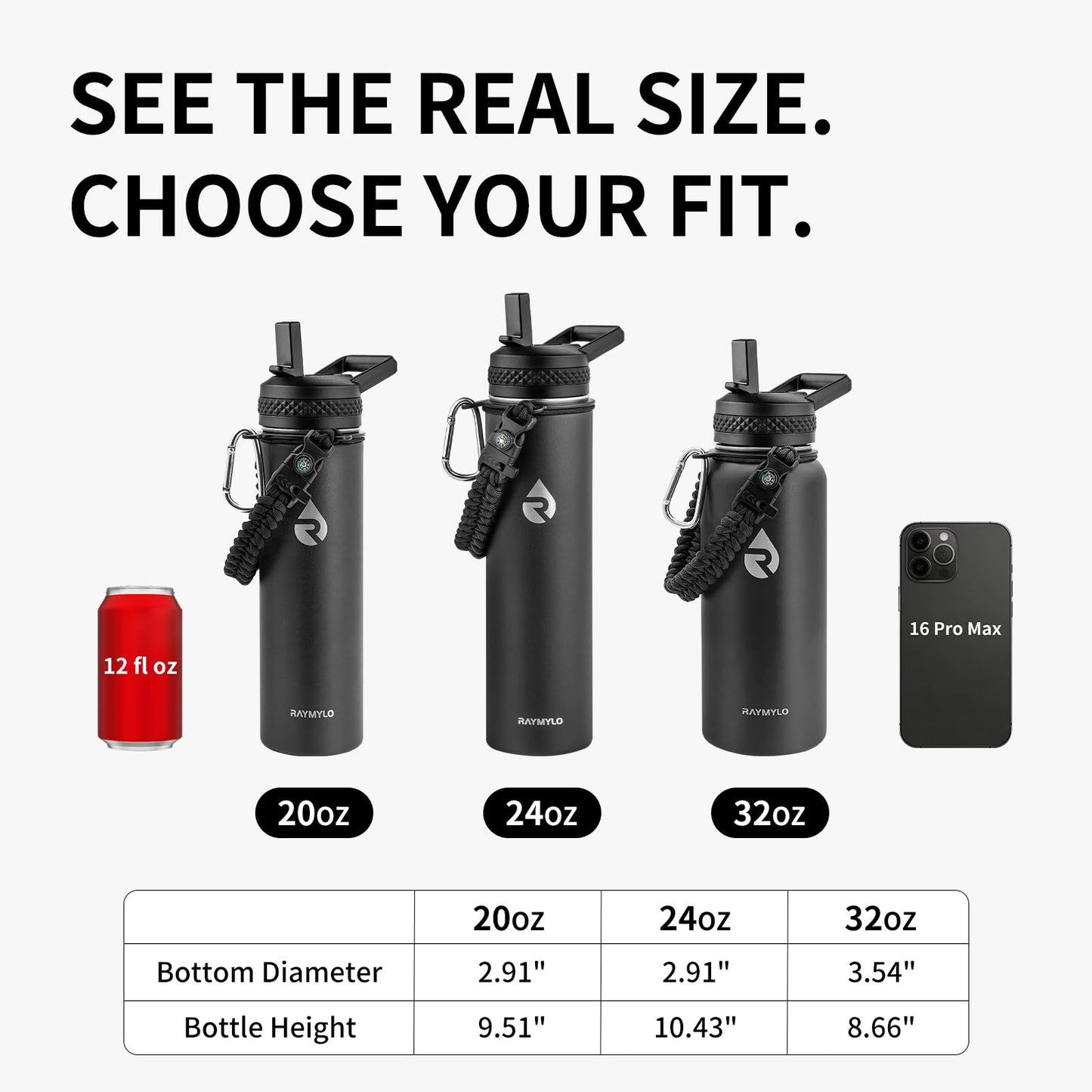 RAYMYLO Insulated Water Bottle 24 oz, Triple Wall Vacuum Stainless Steel