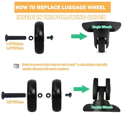 Luggage Suitcase Replacement Wheels 2.36inch(60mm) Diameter 8 Pcs 0.55inch(14mm) Thickness Wheel with 3 Sizes Axle Wear-Resistant Mute Rubber Swivel Caster Repair Kits for Trolley Bag Travel Box