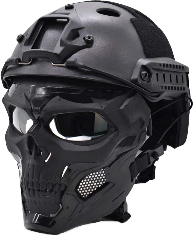 PJ Tactical Fast Helmet with Adjustable Airsoft Mask Skull Full Face MaskSuitable for Airsoft Paintball, Halloween, Role-Playing, Costume Parties and Movie Props