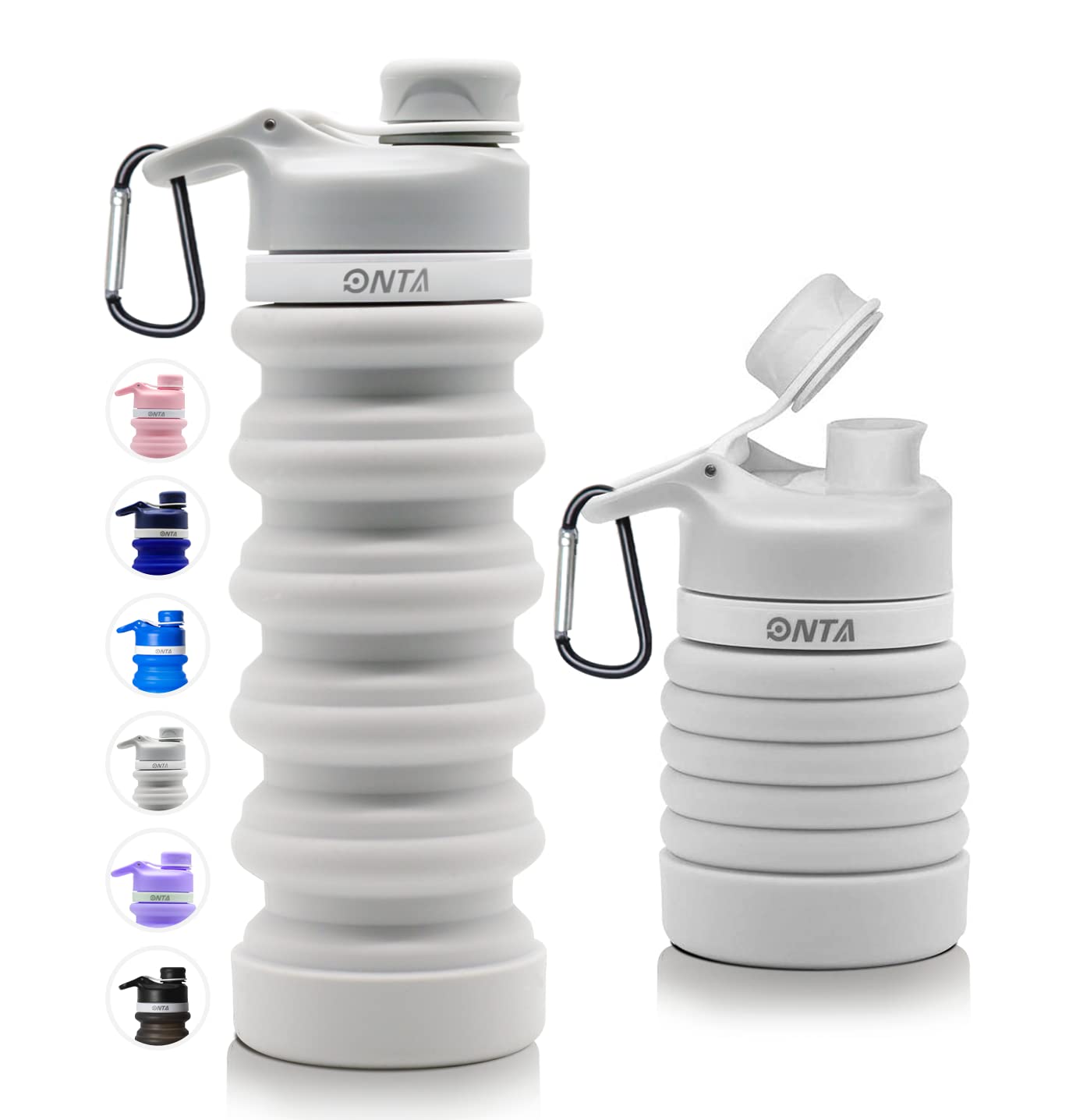 ONTA Collapsible Water Bottle- BPA Free Silicone Foldable Water Bottles for Travel,Silicone Portable Leak-Proof Travel Water Bottle 20 oz, Gray