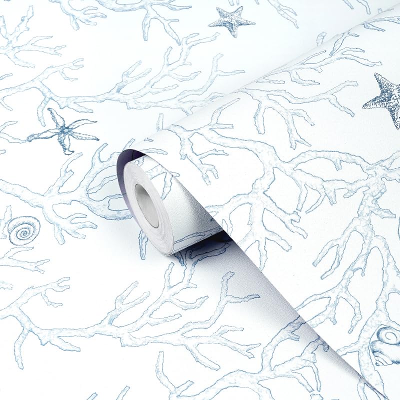 Dviolet Peel and Stick Wallpaper - White and Light Blue Contact Paper - Coral/Seashell/Starfish Pattern - Removable Wallpaper for Kids Room - 17.3"X 118"