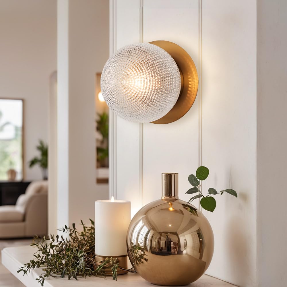 Antique Brass Globe Glass Prismatic Wall Sconce, Elegant Textured 6 Inch Dia Wall Mount Light, Decorative Wall Fixture for Entryway, Hallway, Bedroom, Living Room