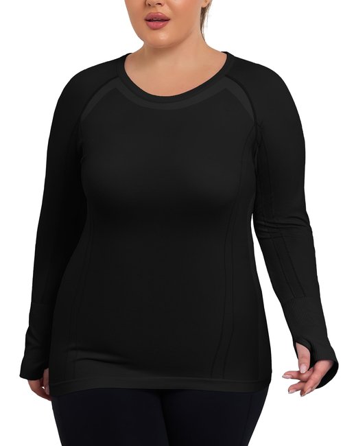 COOTRY Plus Size Seamless Workout Shirts for Women Long Sleeve Yoga Tops Sports Running Athletic Top Slim Fit Black 2XL