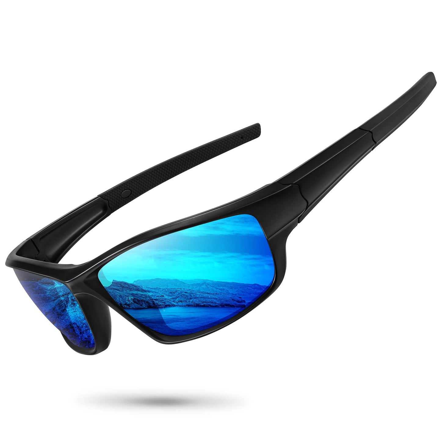 Ofwin Polarized Sports Sunglasses for Men Women Driving Cycling Fishing Wrap Around Sun Glasses UV400 Protection Matte Black Frame/Blue Mirror Lens