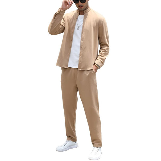 FZNHQL Outfits 2 Piece XXL Men Set Fashion Shirt and Pants Combo Tracksuit Sport Two Piece Trendy Long Sleeve Track Suit Set Khaki Brown XX-Large