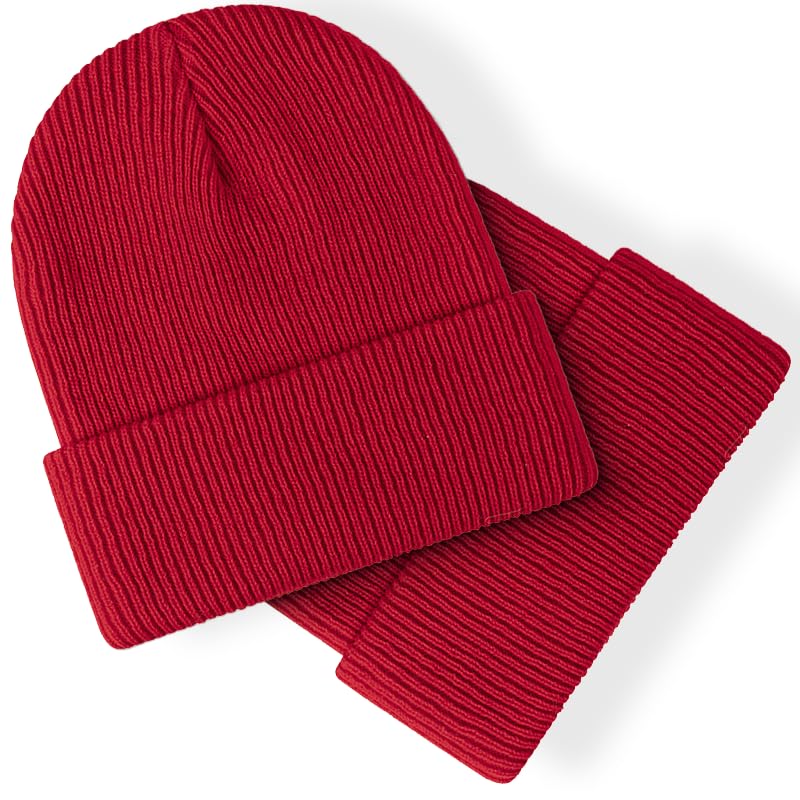 Red Knit Beanie Hat - 2 Pack for Men, Women, and Kids