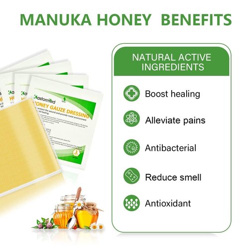 Kastormed Honey Gauze Dressing, Manuka Honey Wound Care, Medical Grade Honey Patches for Faster Wound Care, Burn Dressing, Sterile 4'' x 4'' (Pack of 10)