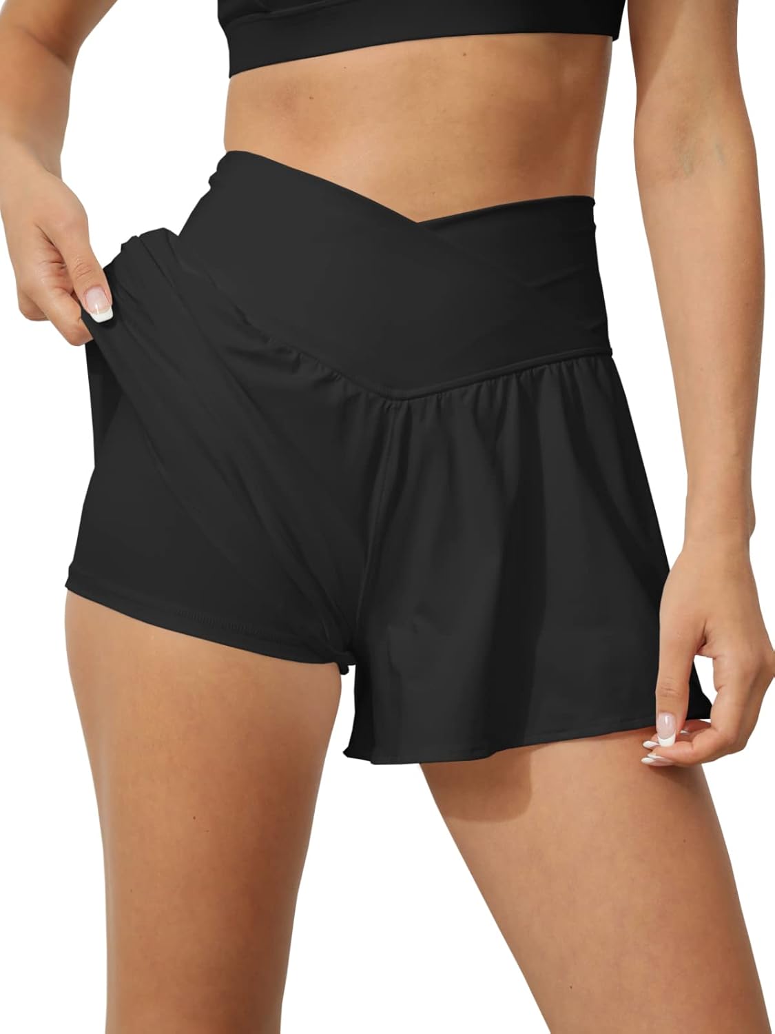 Tongmingyun Women's Crossover 2-in-1 Athletic Shorts - Flowy High Waist Running Skorts with Pocket