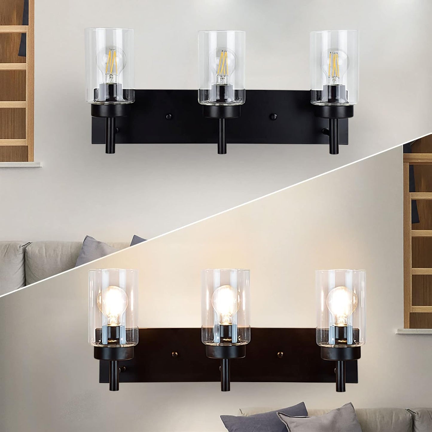Modern Black 3-Light Bathroom Vanity Light Fixtures with Clear Glass Shades - 2 Pack