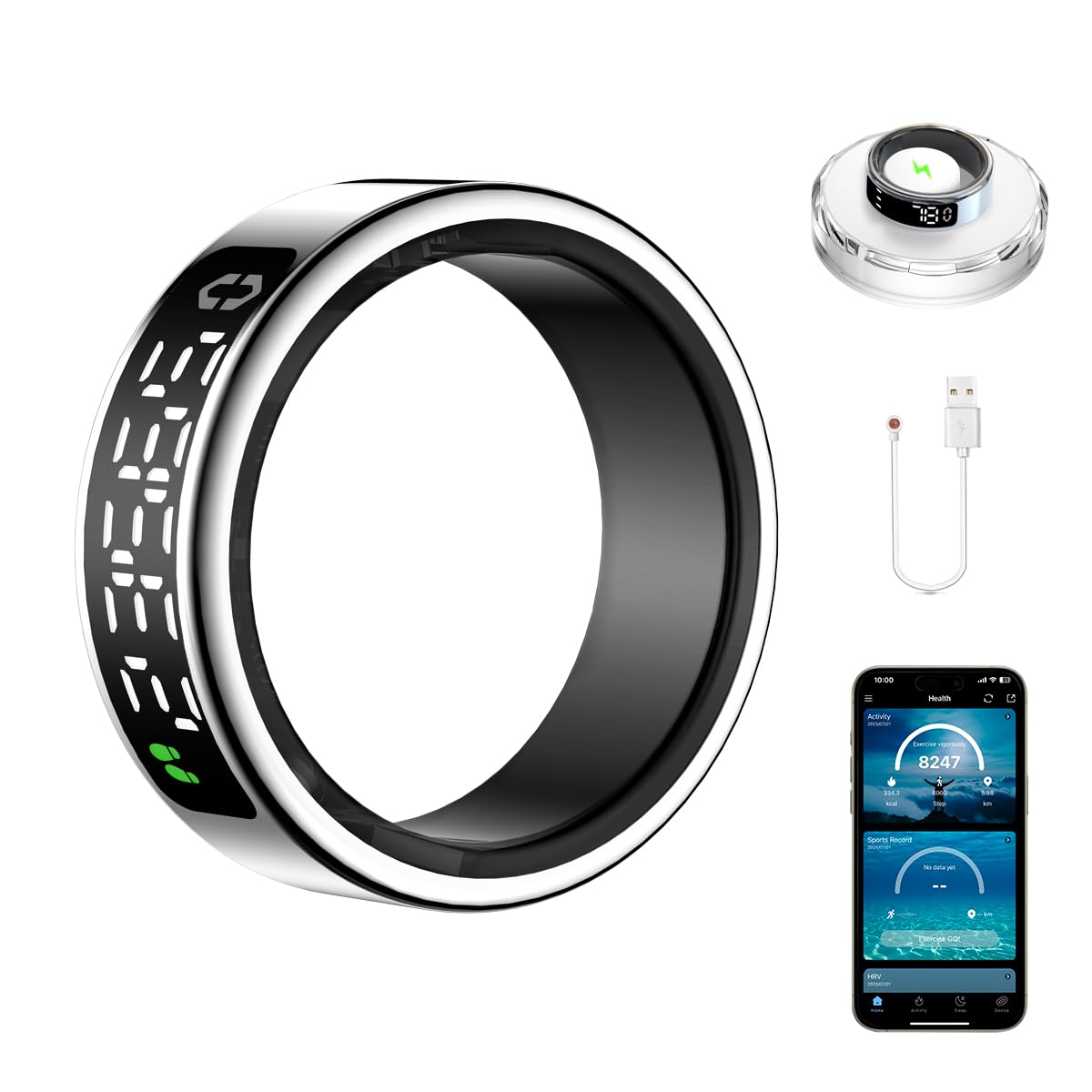 Smart Health Ring with Screen,for Women Men Fitness Tracker Heart Rate, Blood Oxygen, HRV,Sleep Monitoring, Step Counting, IP68 for iPhone and Android, No Subscription Fee (Silver, 12#)