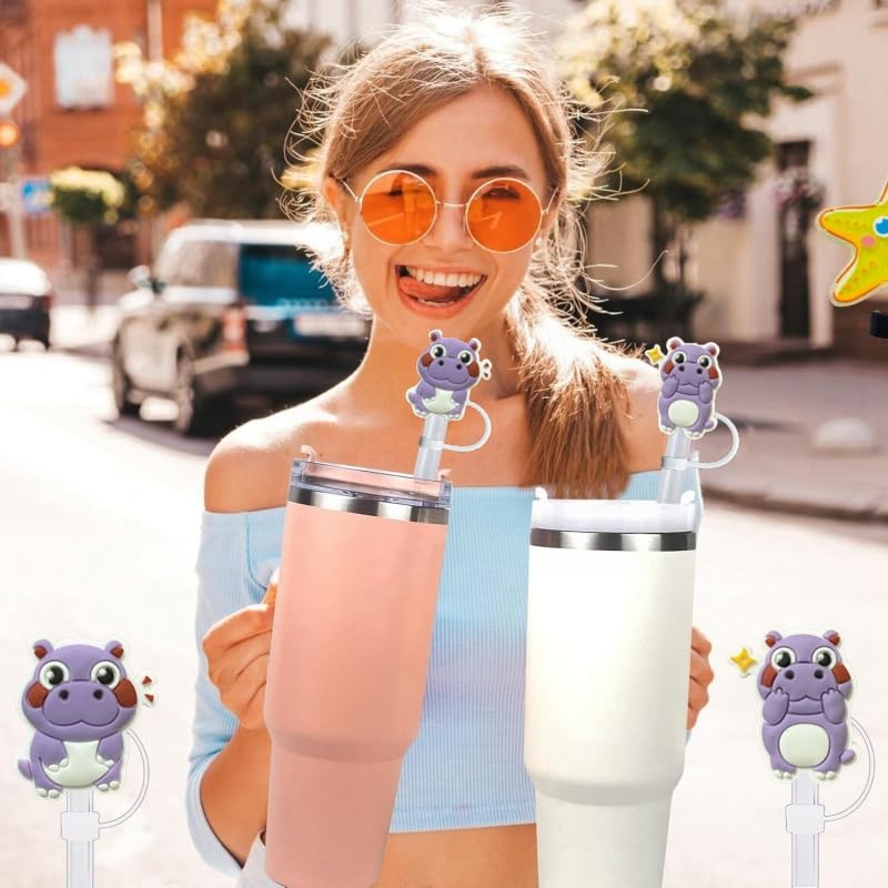 Cute Hippo Silicone Straw Toppers - 6 Pack for Straw & Bottle