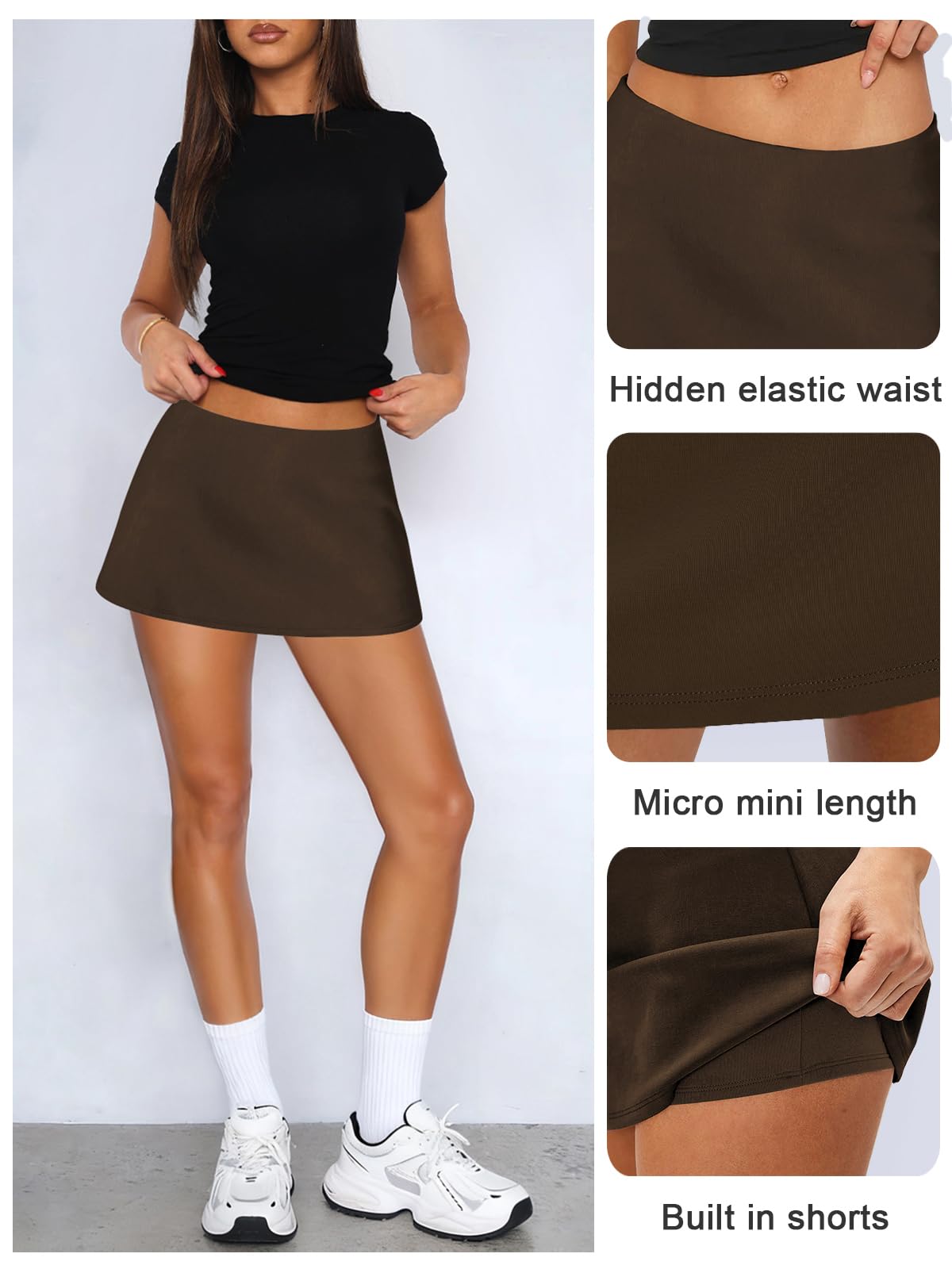 Pungdra Womens Micro Mini Skirt with Shorts Low Rise A-Line Skort for Women Formal Going Out Casual Athletic Tennis Outfits Brown Small