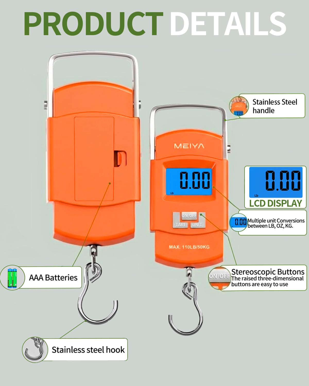 MEIYA Fish Scale 110lb/50kg Digital Fishing Scale with Backlit LCD, Portable Handle, Stainless Steel Hook & 2 AAA Batteries – Great Fishing Gifts for Men, Orange
