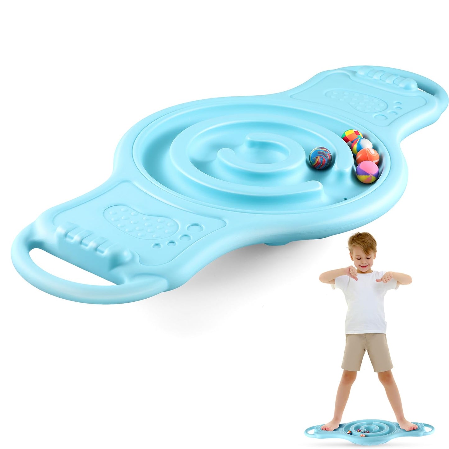 Seenelling Maze Balance Board for Kids Plastic Rocker Wobble Board with Mini Balls Load 220lb Balance Game with Handles for Toddler Balancing Exercise Equipment Game, 24.5 x 11.8 Inch(Light Blue)